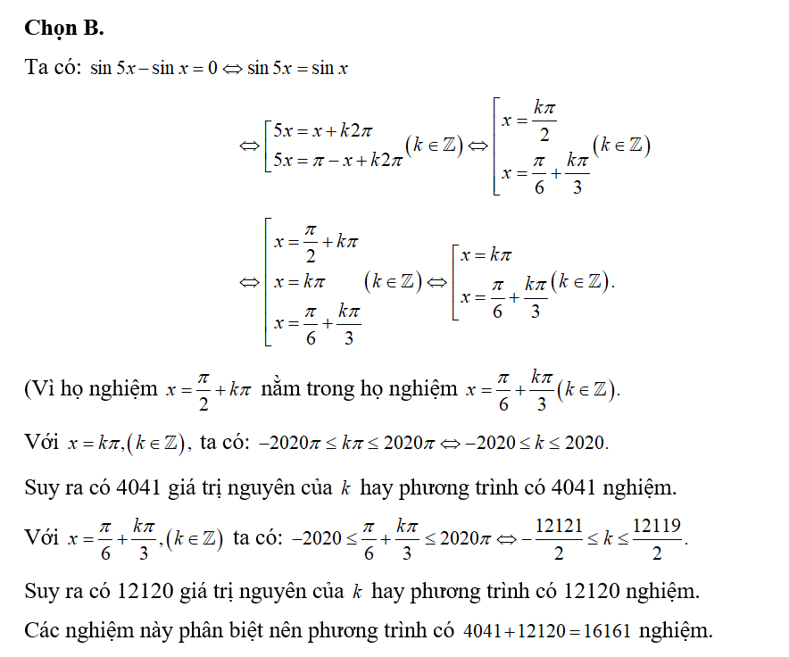 Phương trình sin 5x- sinx =0 có bao nhiêu nghiệm thuộc đoạn [-2020 pi; 2020 pi] ? (ảnh 1)