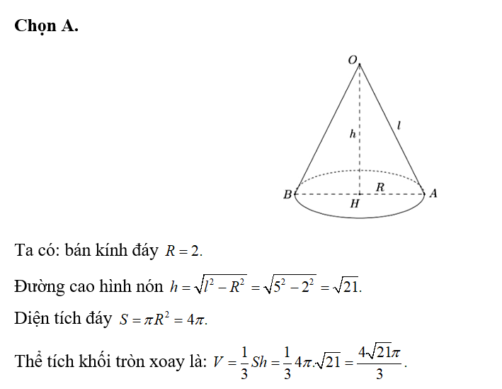 Tính thể tích V của khối nón tròn xoay, biết đường kính đường tròn đáy 4 và độ dài (ảnh 1)