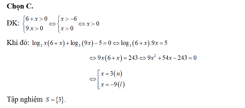 Số nghiệm của phương trình log 3(6+x)+ log 3(9x) -5=0 là: (ảnh 1)