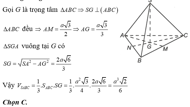 Cho chóp SABC  có đáy ABC là tam giác đều cạnh bằng a, các cạnh bên bằng nhau và đều bằng (ảnh 1)