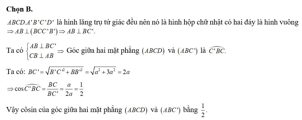 Cho hình lăng trụ tứ giác đều ABCD.A'B'C'D' có cạnh đáy bằng a cạnh bên bằng (ảnh 2)