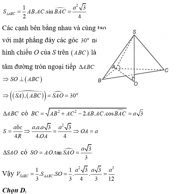 Cho hình chóp SABC  có đáy ABC là tam giác cân AB = AC = a , góc BAC = 120 độ , các cạnh bên bằng nhau (ảnh 1)