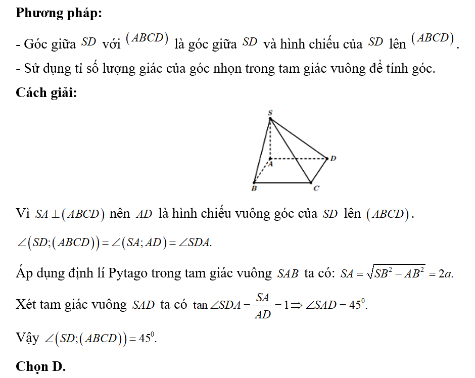 Cho hình chóp S.ABCD có đáy ABCD là hình chữ nhật với AB=a,AD= 2a. (ảnh 1)