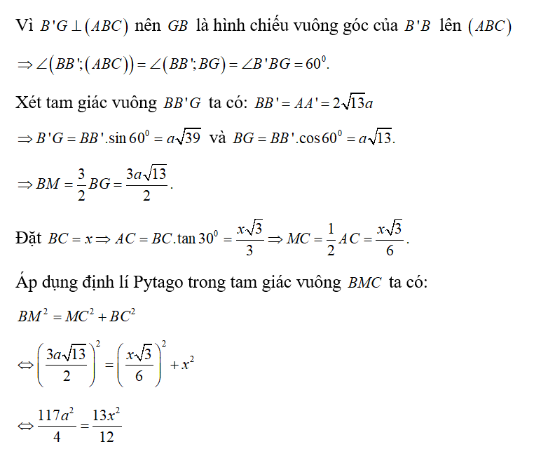 Cho hình lăng trụ ABC.A'B'C' có AA'=2 căn bậc hai 13a tam giác ABC vuông tại C  (ảnh 3)