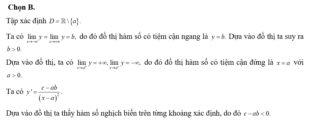 Cho hàm số y=bx-c/ x-a (a khác 0 và a,b,c thuộc R) có đồ thị như hình bên. Khẳng định (ảnh 2)