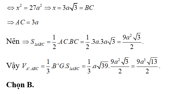 Cho hình lăng trụ ABC.A'B'C' có AA'=2 căn bậc hai 13a tam giác ABC vuông tại C  (ảnh 4)