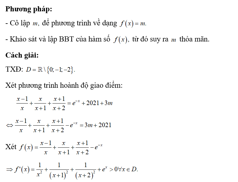 Cho hai hàm số y=x-1/x+ x/x+1+ x+1/x+2 và y=e^-x+2021+3m (m là tham số thực) (ảnh 1)