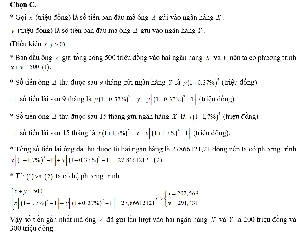 Ông A đã gửi tổng cộng 500 triệu đồng vào hai ngân hàng X và Y theo phương thức lãi kép (ảnh 1)