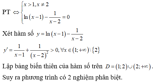 Số nghiệm của phương trình ln(x - 1) = 1/x -2  là (ảnh 1)