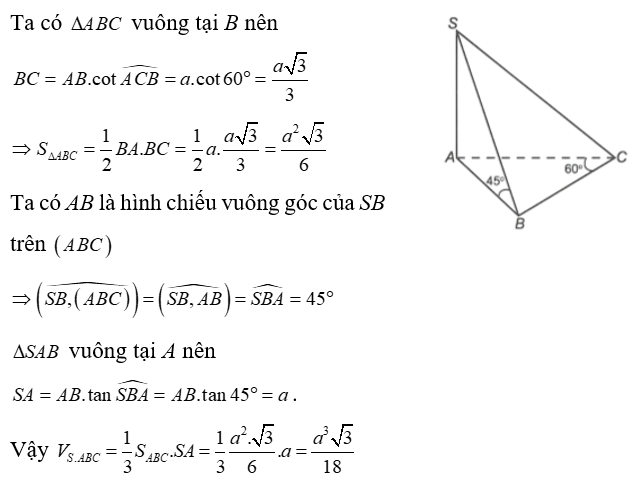Cho hình chóp SABC  đáy ABC là tam giác vuông tại B, AB = a , góc ACB = 60 độ  cạnh bên SA vuông góc (ảnh 1)