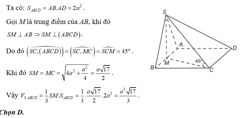 Cho hình chóp SABCD  có đáy là hình chữ nhật, AB = a; AD = 2a. Tam giác SAB cân tại S và nằm trong mặt phẳng (ảnh 1)