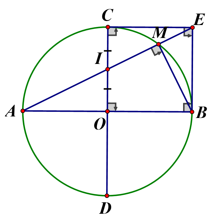 Cho đường tròn (O) bán kính R và hai đường kính AB, CD vuông góc với nhau. Gọi I là trung điểm của OC, tia AI cắt đường tròn (O) tại M (ảnh 1)