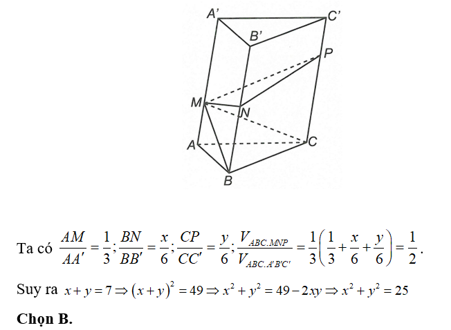 Cho hình lăng trụ tam giác ABC.A'B'C' có thể tích là V và độ dài cạnh bên (ảnh 1)