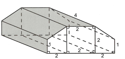 Một khúc gỗ có dạng với độ dài  các cạnh được cho như hình vẽ bên dưới. Thể tích khối đa diện tương ứng là (ảnh 1)