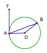 Trong hình vẽ bên TA là tiếp tuyến của đường tròn. Nếu góc ABO = 25 độ thì góc TAB bằng:  (ảnh 1)