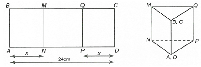 Một tấm nhôm hình chữ nhật ABCD  có AD = 24 cm.Ta gấp tấm nhôm theo hai cạnh (ảnh 1)