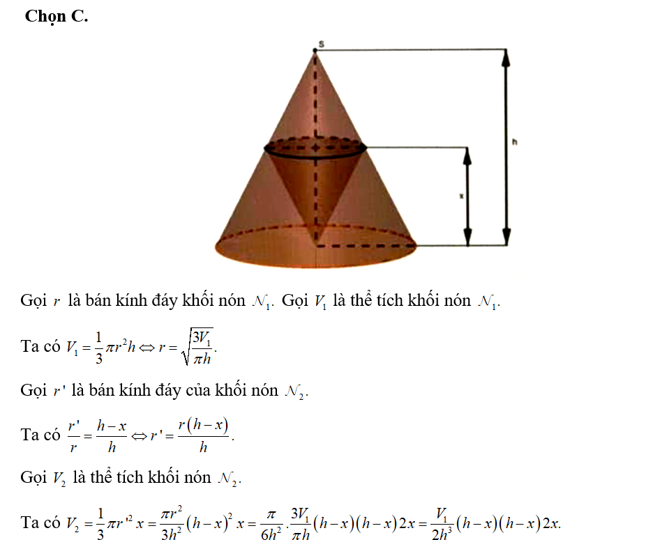 Cho hình nón N1 có đỉnh S chiều cao h. Một hình nón N2 có đỉnh là tâm (ảnh 1)