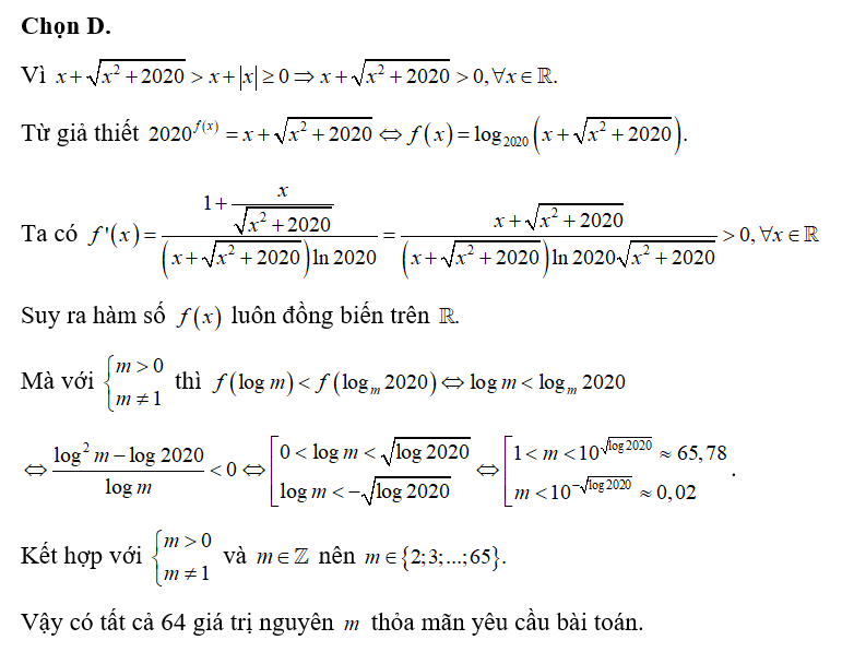 Cho hàm số y=f(x) thỏa mãn 2020^f(x)=x+ căn bậc hai x^2+2020, với mọi x thuộc R (ảnh 1)