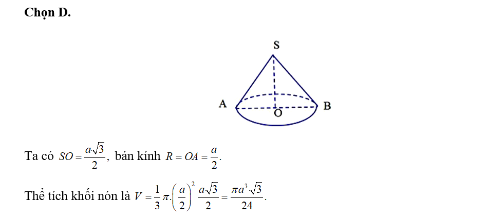 Thiết diện qua trục của một khối nón là tam giác đều cạnh a. Thể tích của khối nón đó là (ảnh 1)