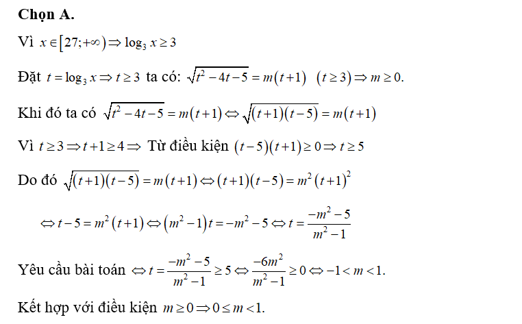 Cho phương trình căn bậc hai log2 3 x-4log 3x-5=m(log3x+1) với m là tham số thực. (ảnh 1)