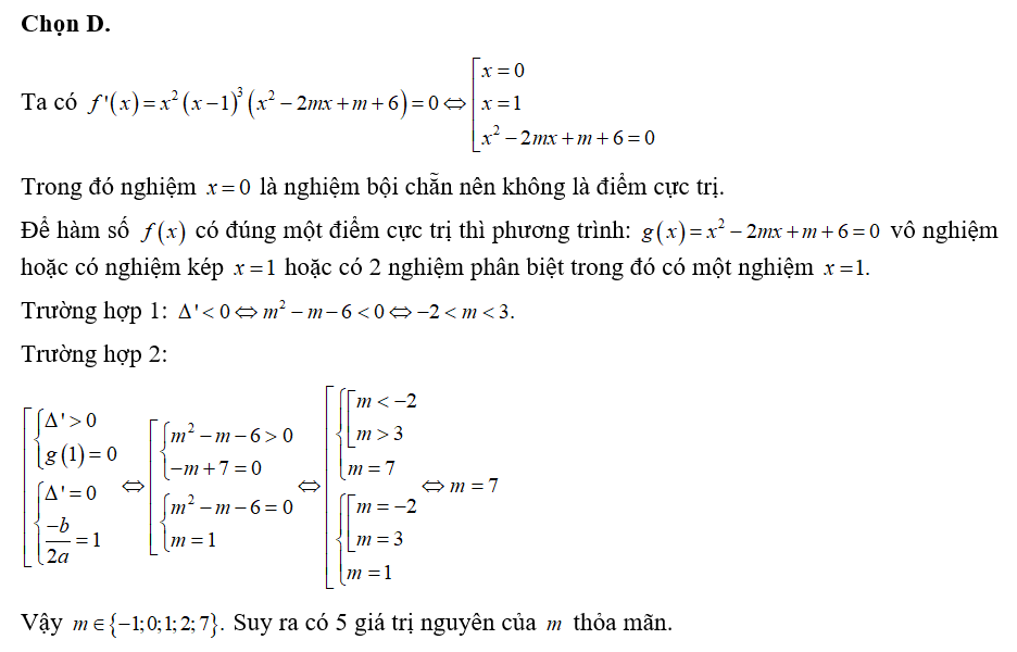 Cho hàm số f(x) biết f'(x)=x^2(x-1)^3(x^2-2mx+m+6) Số giá trị nguyên của m (ảnh 1)