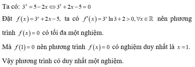 Phương trình 3^x = 5 - 2x có bao nhiêu nghiệm? (ảnh 1)