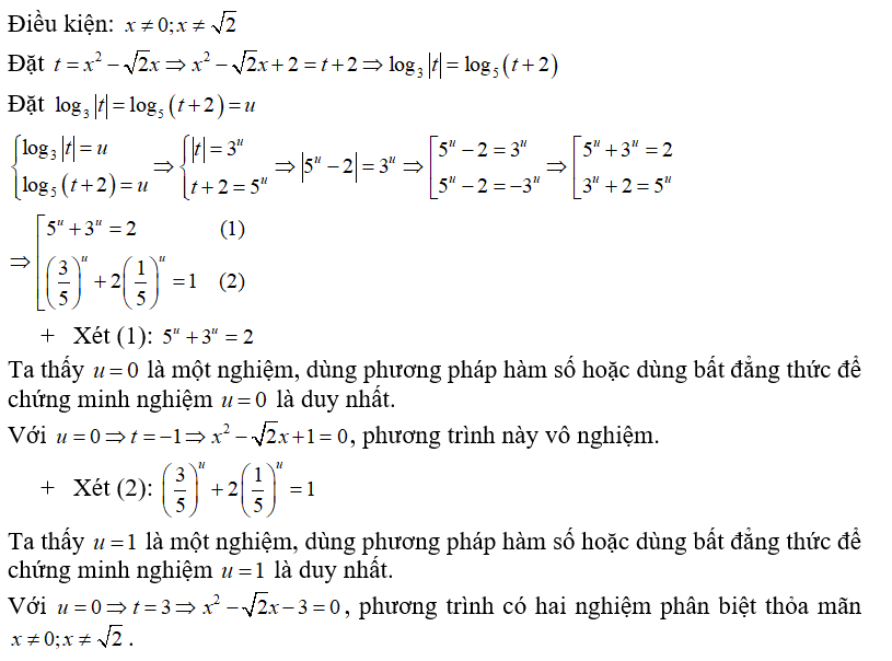 Số nghiệm của phương trình log 3 trị x^2 - căn 2 x = log 5( x^2 - căn 2 x + 2)  là (ảnh 1)
