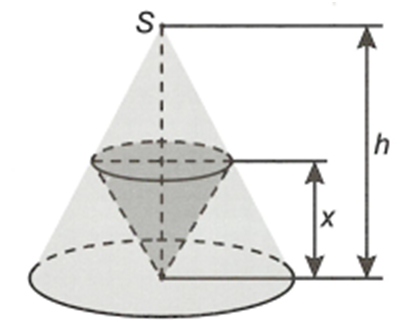 Cho hình nón N1 có đỉnh S, chiều cao h. Một hình nón N2 có đỉnh là tâm của đáy N1 và có đáy là một thiết diện song song với đáy của N2 như hình vẽ.  Khối nón N2 có thể tích lớn nhất khi chiều cao x bằng (ảnh 1)