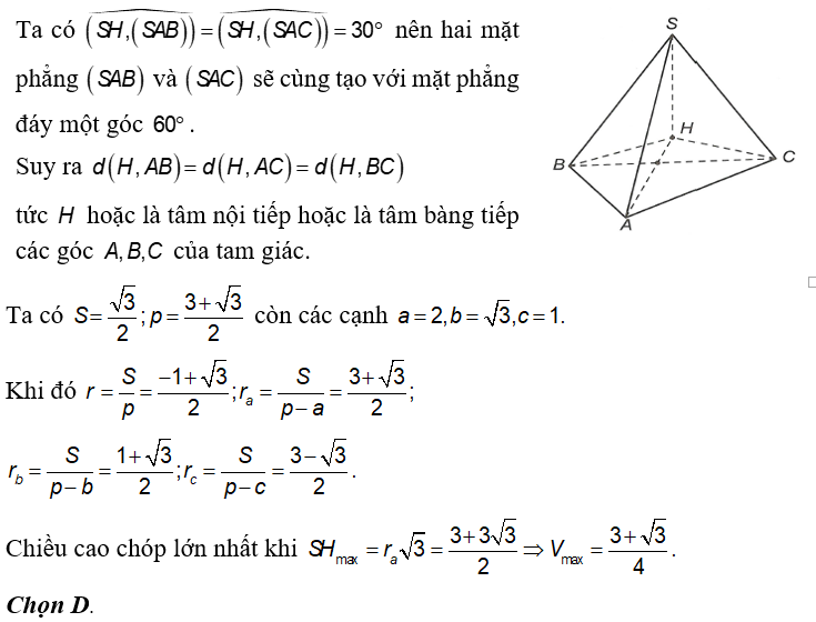 Cho hình chóp SABC  có đáy là tam giác vuông tại A  với AB =1, AC = căn 3  Hình chiếu của (ảnh 1)