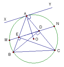 Cho tam giác ABC nội tiếp đường tròn (O), có các đường cao BD và CE. Đường thẳng DE cắt đường tròn ngoại tiếp tam giác tại hai điểm M và N. (ảnh 1)