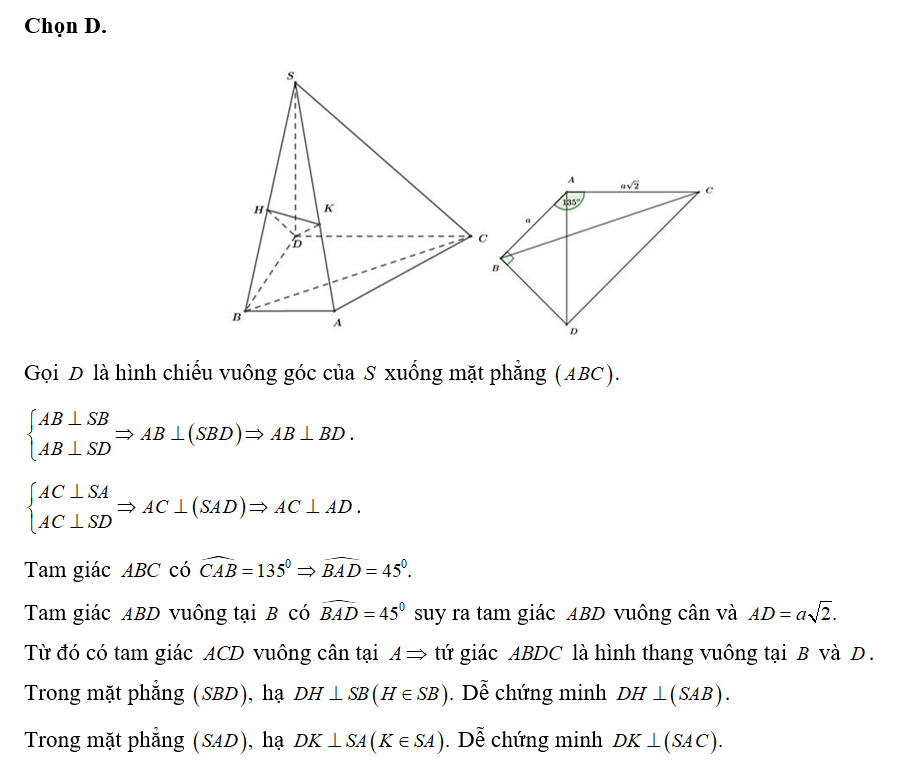 Cho hình chóp S.ABC đáy là tam giác ABC có AB=a, AC= a căn bậc hai 2 (ảnh 1)