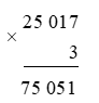 Kết quả của phép tính 25 017 x 3 là: A. 75 051 B. 65 031 C. 65 051 D. 75 031 (ảnh 1)