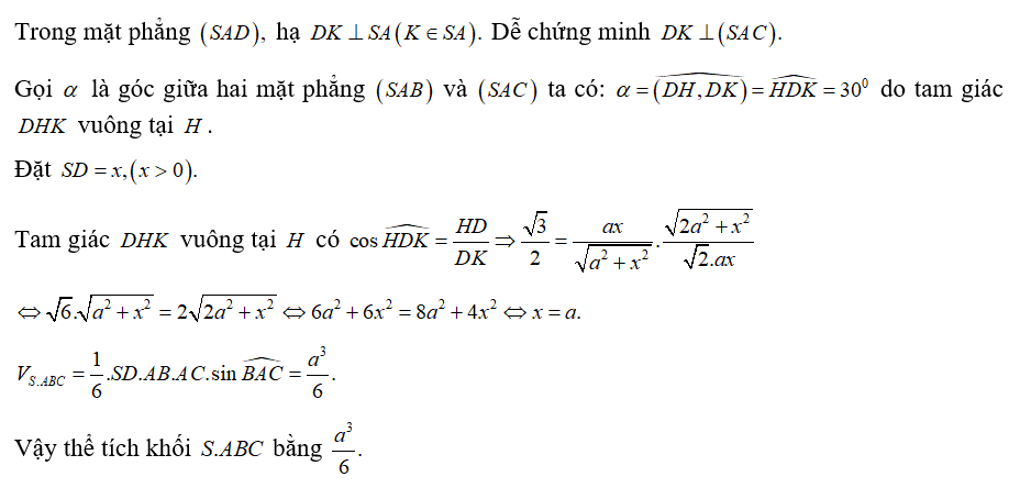 Cho hình chóp S.ABC đáy là tam giác ABC có AB=a, AC= a căn bậc hai 2 (ảnh 2)