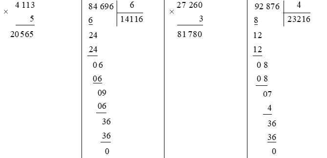 Trong các phép tính sau, phép tính có kết quả nhỏ nhất là: A. 4 113 × 5  B. 84 696 : 6 (ảnh 1)