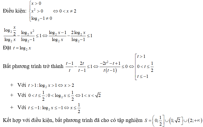 Tìm tập nghiệm S  của bất phương trình log 2 x/2 / log 2 x - log 2 x^2/ log 2x - 1 nhỏ hơn hoặc bằng 1 (ảnh 1)