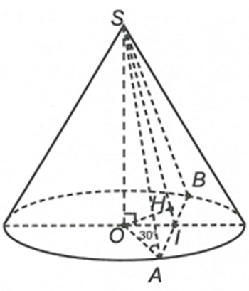Cho hình nón đỉnh S, đường cao SO, A và B là hai điểm thuộc đường tròn đáy sao cho khoảng cách từ O đến mặt phẳng (SAB) bằng (ảnh 1)