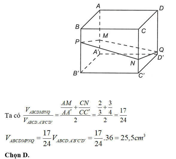 Cho hình hộp ABCD.A'B'C'D' có thể tích bằng 36 cm^3 . Gọi hai điểm M, N lần lượt thuộc các cạnh (ảnh 1)