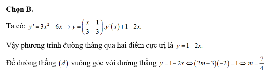 Giá trị của m để đường thẳng d: y= (2m-3)x+m-3 vuông góc với đường (ảnh 1)