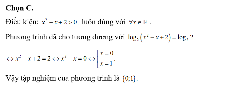 Tập nghiệm của phương trình log 2( x^2-x+2)=1 là (ảnh 1)