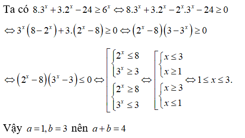 Tập nghiệm S của bất phương trình 8. 3^x + 3. 2^x - 24 lớn hơn hoặc bằng 6^x  có dạng (ảnh 1)