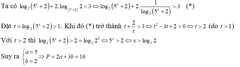 Biết rằng bất phương trình log 2( 5^x +2) + 2. log (5 ^x +2) 2 lớn hơn hoặc bằng 3  có tập nghiệm là (ảnh 1)