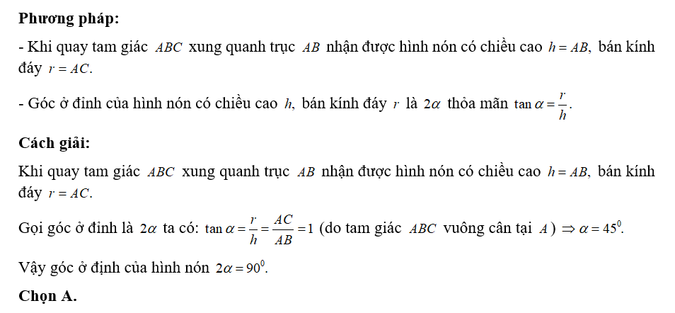 Trong không gian cho tam giác ABC vuông cân tại A. Góc ở đỉnh của hình (ảnh 1)