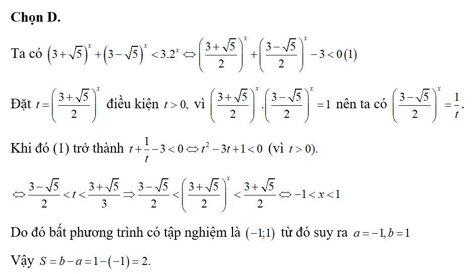 Biết rằng tập nghiệm của bất phương trình (3+căn bậc hai 5)^x+ (3-căn bậc hai 5)^x< 3.2^x (ảnh 1)