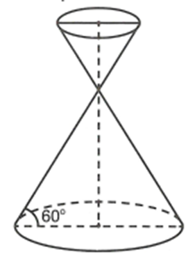 Cho một đồng hồ cát gồm 2 hình nón chung đỉnh ghép lại, trong đó đường sinh bất kỳ của hình nón tạo với đáy một góc 60o như hình bên dưới. Biết rằng chiều cao của đồng hồ là 30cm (ảnh 1)