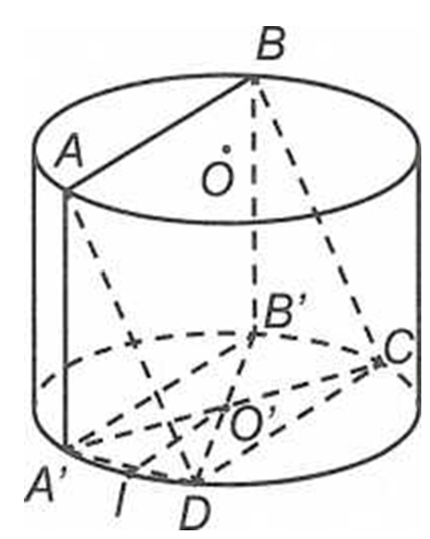 Một hình trụ có bán kính đáy bằng chiều cao và bằng a. Một hình vuông ABCD có AB, CD là hai dây cung của 2 đường tròn đáy và mặt phẳng (ảnh 1)