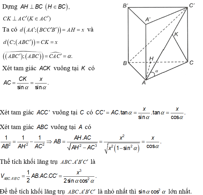 Cho hình lăng trụ đứng ABC.A'B'C', đáy ABC  là tam giác vuông tại A . Khoảng cách từ (ảnh 1)