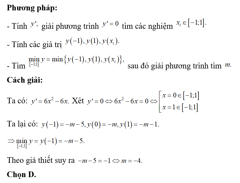 Cho hàm số y=2x^3-3x^2-m. Trên [-1;1] hàm số có giá trị nhỏ nhất là -1. Tìm m (ảnh 1)