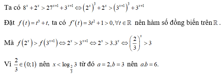Bất phương trình 8^x + 2^x lớn hơn 27^x + 1 + 3^ x + 1  có tập nghiệm là (ảnh 1)