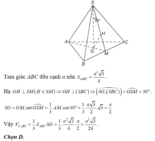 Cho hình chóp tam giác đều SABC  có cạnh đáy bằng a. Gọi G là trọng tâm tam giác ABC, góc giữa SG và mặt phẳng (ảnh 1)