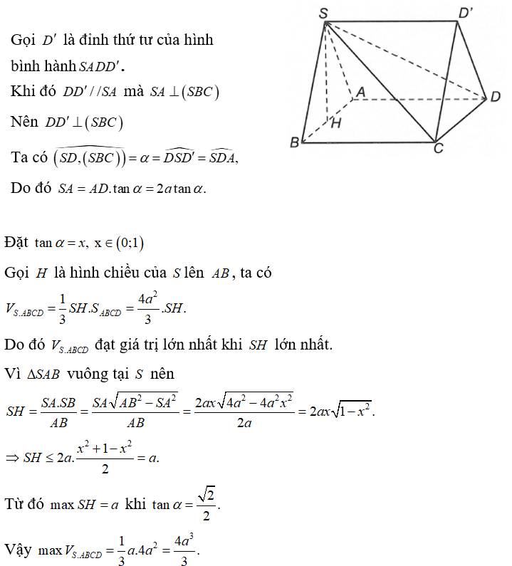 Cho hình chóp SABCD  có đáy ABCD là hình vuông cạnh 2a . Tam giác SAB  vuông tại S  và nằm trong mặt phẳng (ảnh 1)